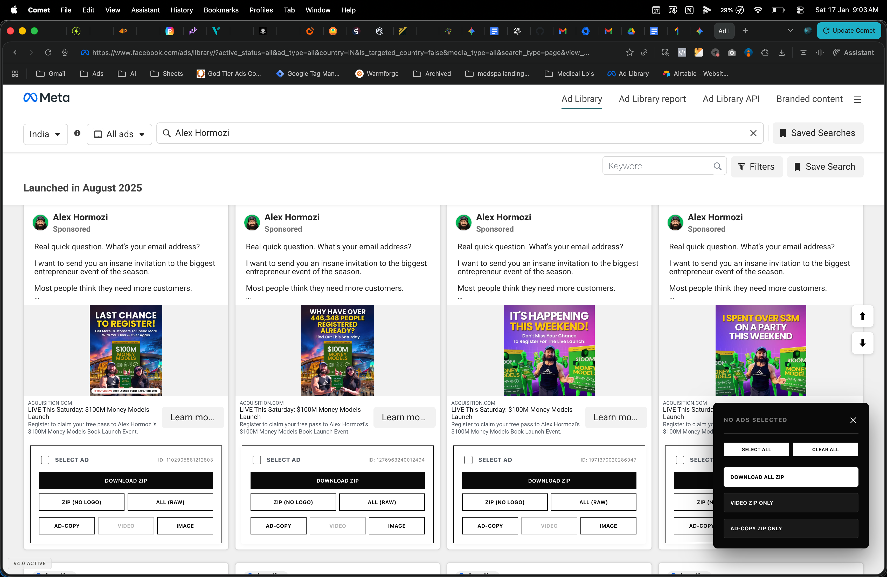 Bulk downloading Meta Ads creatives with Nomiris extension features