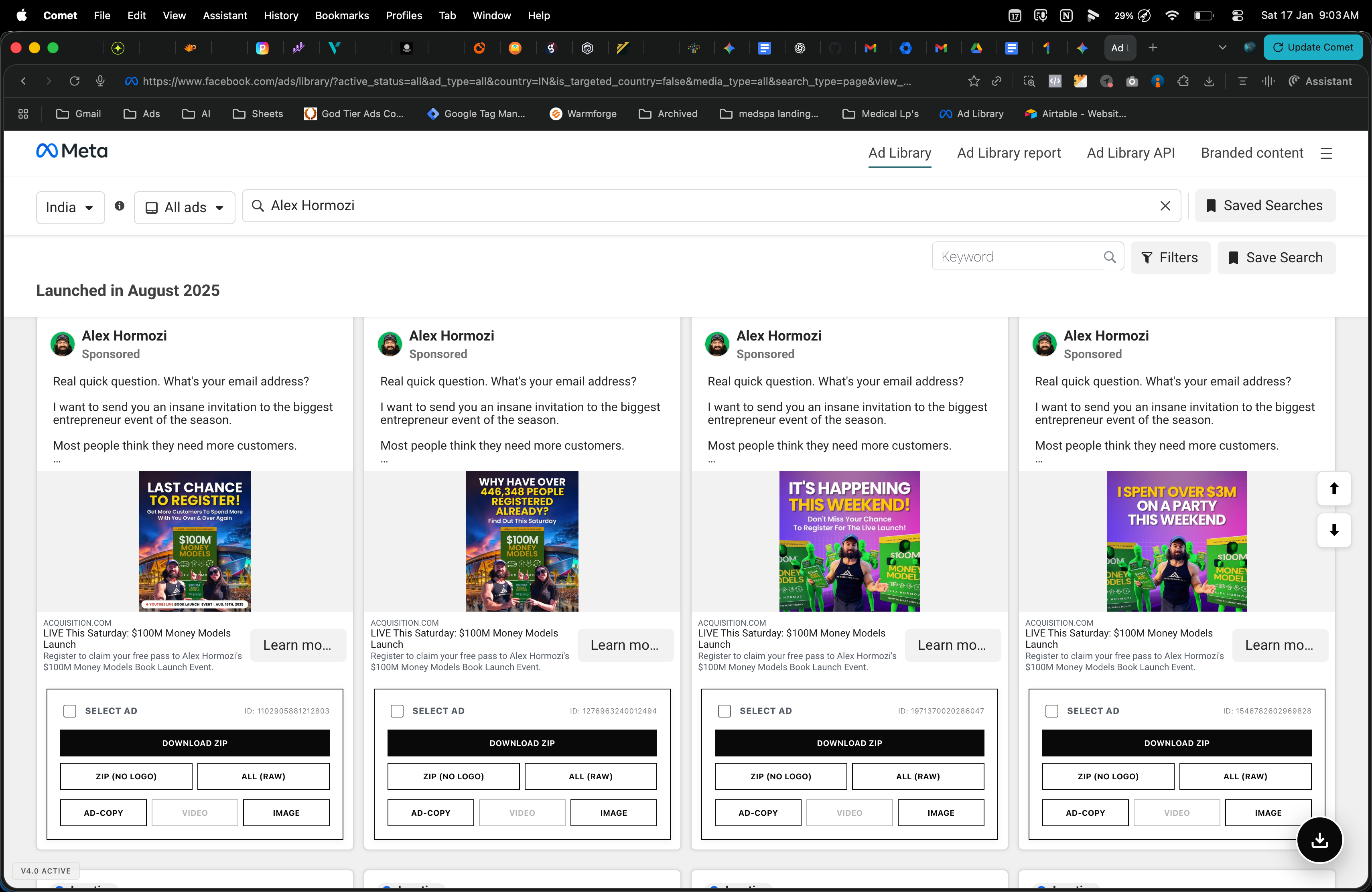 Meta Ads Library Downloader Chrome Extension interface showing download buttons on ad cards