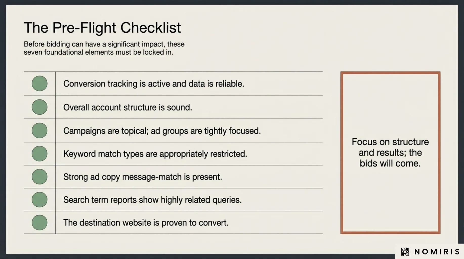 Pre-flight checklist for Google Ads bidding readiness