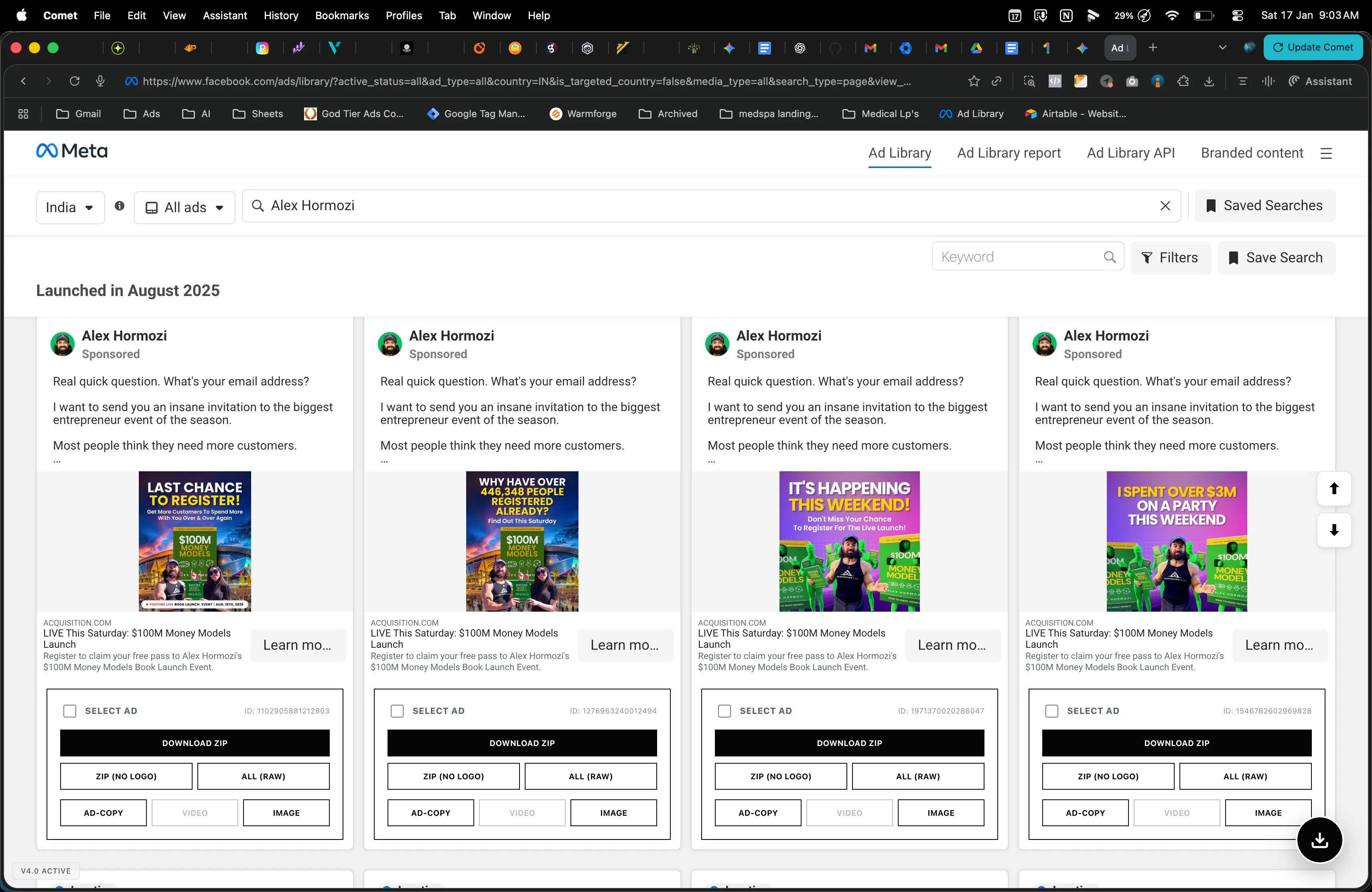 Meta Ads Library Downloader Chrome Extension interface showing download buttons on ad cards